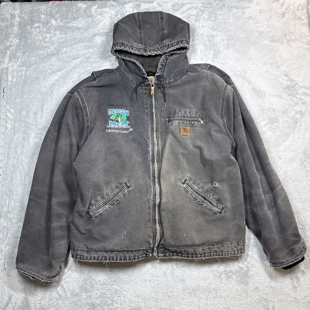 Carhartt Jacket J141 BLK Men 2XL Black Sherpa Lined Hooded Distressed Faded Logo